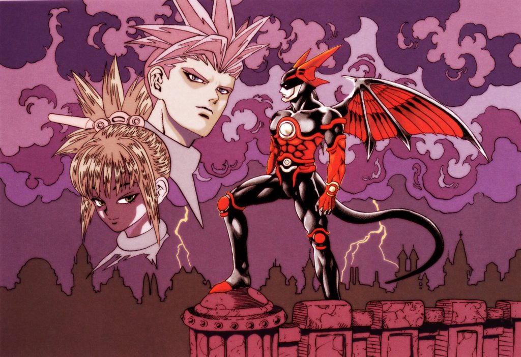 Ilustración de Shadow Lady de Masakazu Katsura con personajes de la obra sobre un fondo púrpura.