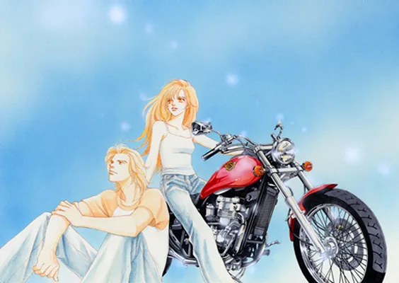 Ilustración promocional del manga Mars de Fuyumi Sōryō con Kira Asō y Rei Kashino junto a una motocicleta.