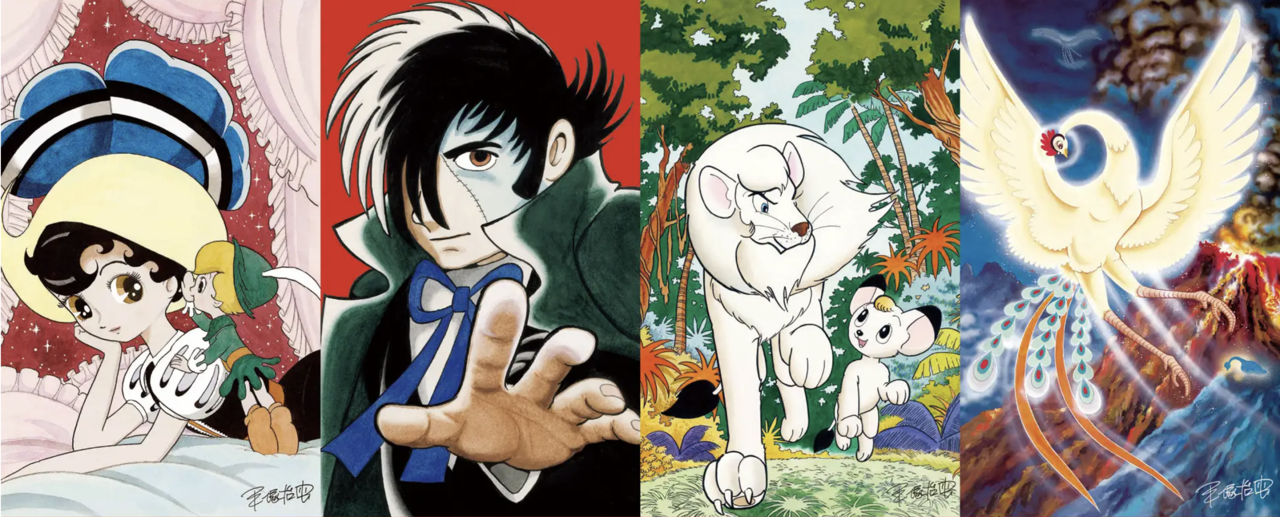 Ilustración de Osamu Tezuka con personajes de La Princesa Caballero, Black Jack, Kimba y Fénix