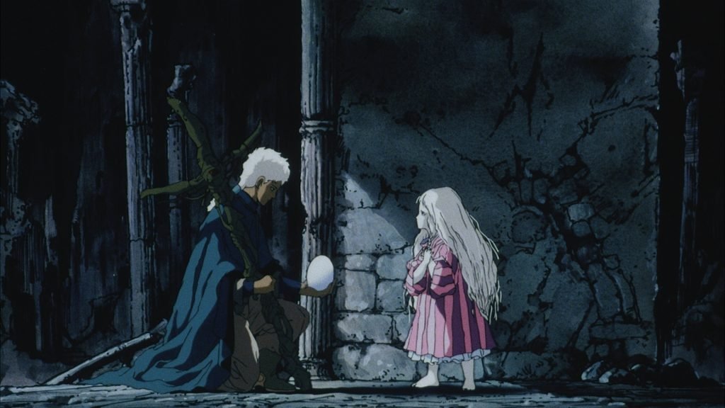 La niña y el muchacho recorren un escenario en ruinas en Angel’s Egg