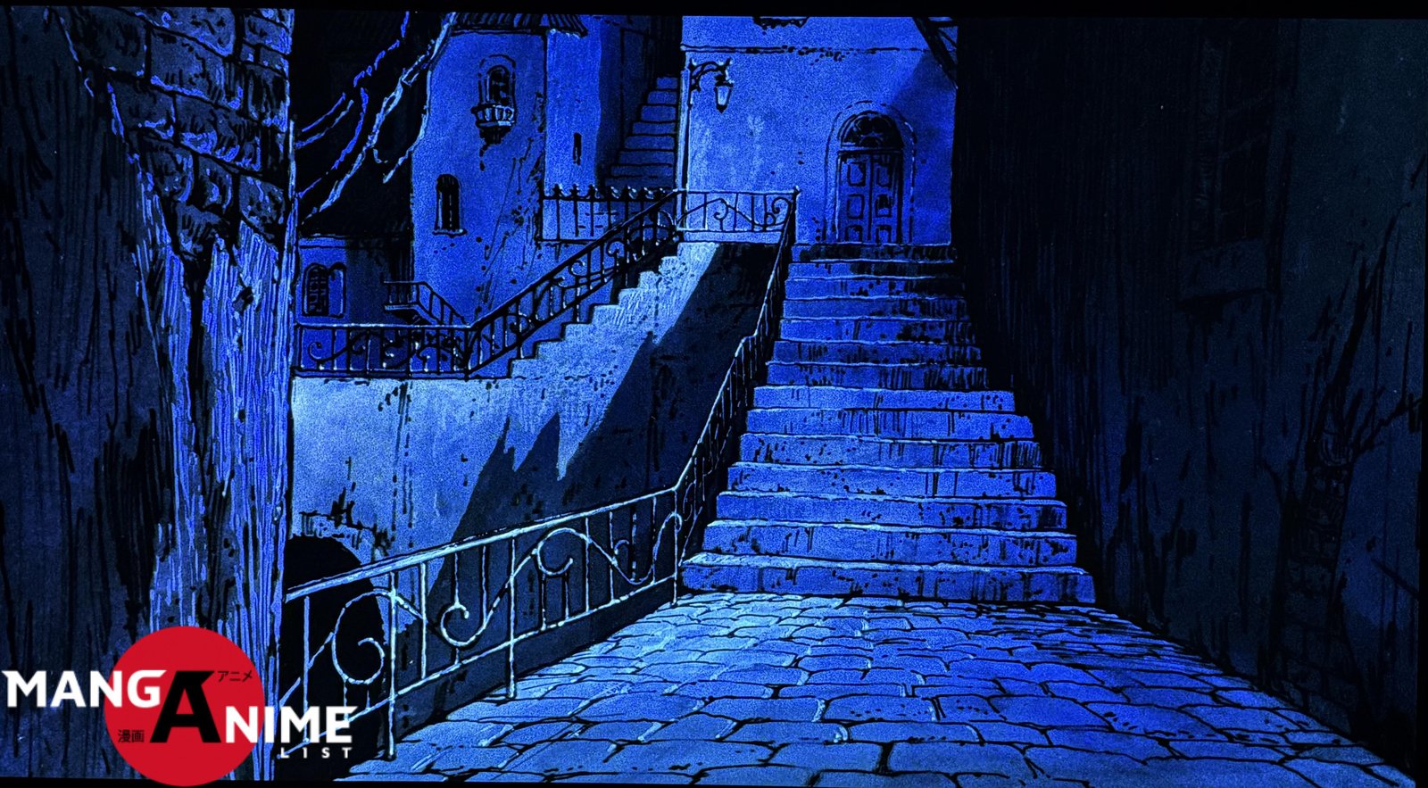 Escalinata de piedra en una ciudad en ruinas iluminada en tonos azules en Angel’s Egg