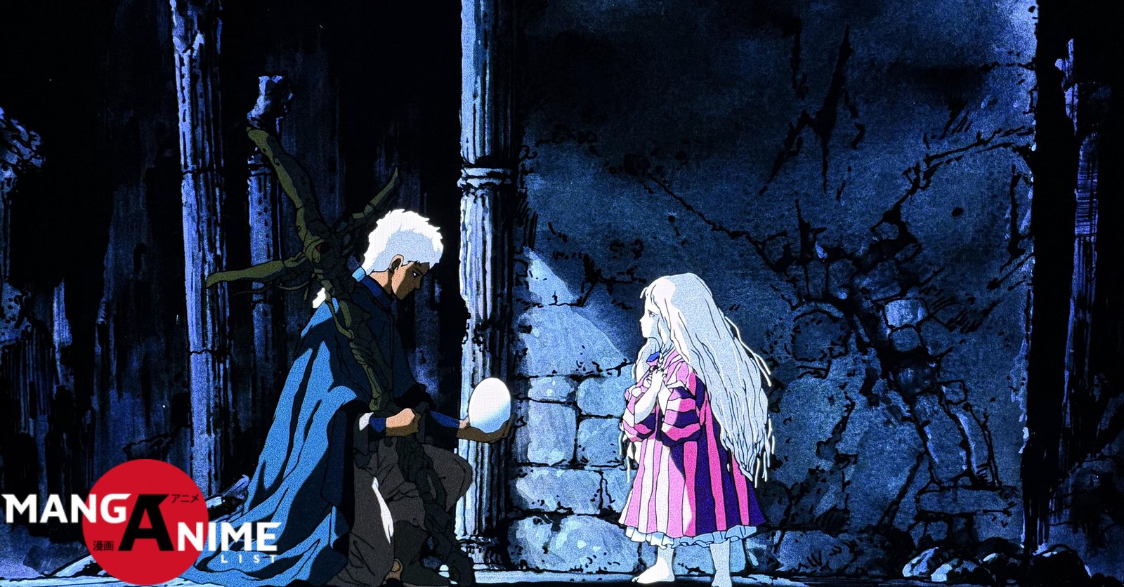 El muchacho ofrece el huevo a la niña en un escenario de ruinas de Angel’s Egg