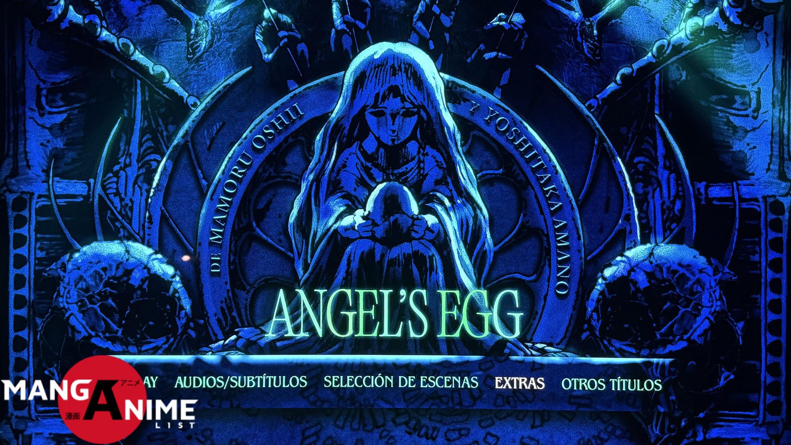 Menú de Angel’s Egg en UHD 4K con la imagen de la niña sosteniendo el huevo