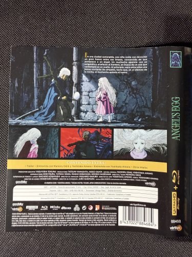 Contraportada del estuche de Angel’s Egg en 4K UHD y Blu-ray, con la sinopsis, los extras y las características técnicas de la edición española.