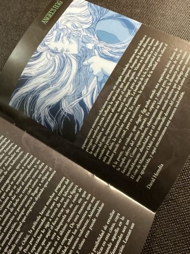 Libreto de Angel’s Egg abierto por la sección de introducción, con texto y fotogramas de la película.