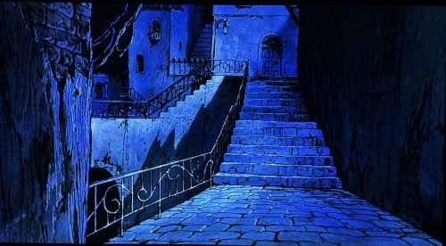 Escalinata de piedra en una ciudad en ruinas iluminada en tonos azules en Angel’s Egg